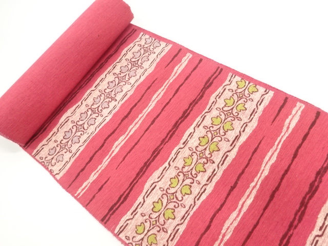 JAPANESE KIMONO / ANTIQUE BOLT FOR NAGOYA OBI / SILK / WOVEN STRIPE & FLORAL PLANTS